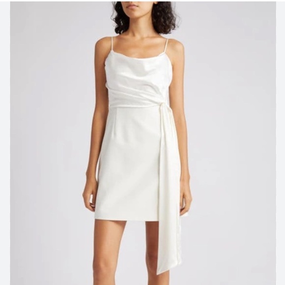 🌻 CINQ À SEPT Cara Ivory Short Draped-tie Satin Silk Combo Mini Dress Size 10 - Picture 3 of 13